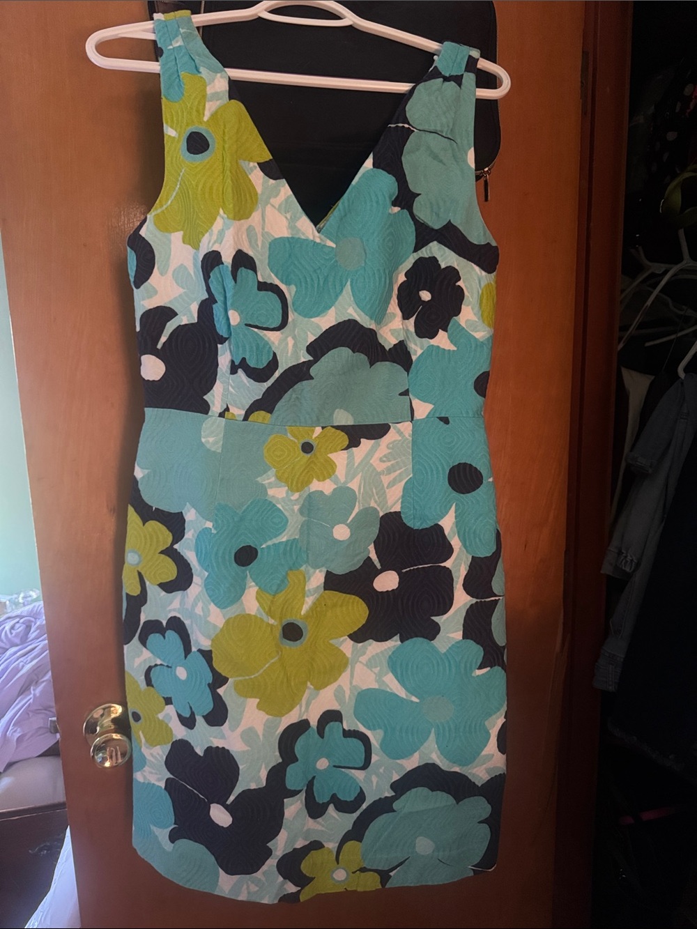 Lilly Pulitzer Teal, Lime and Black Floral V-Neck Midi Dress